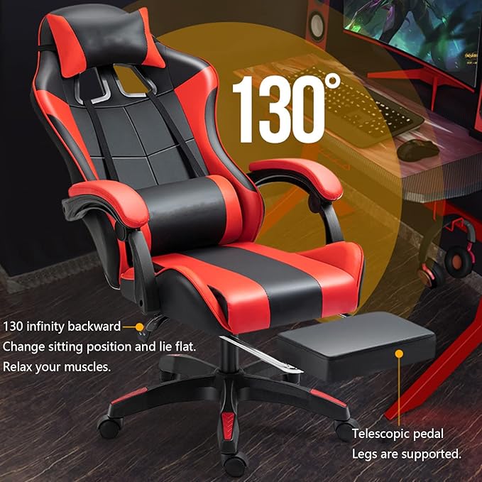 Gaming Chair with Footrest Gamer Chair with Lumbar Support and Headrest Height Adjustable Office Chair with 360°-Swivel Seat Pink