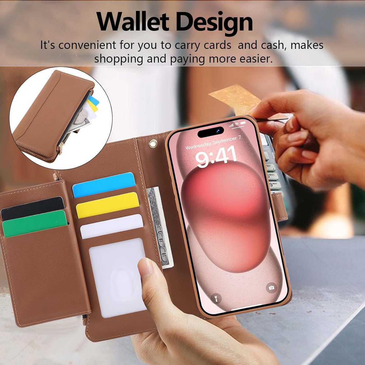 Compatible with iPhone 16 Pro Max Wallet Phone Case-PU Leather Magnetic Flip Cover with Credit Card Slots,Zipper Pocket & Detachable Wrist Strap,Shockproof Design,for Women and Men-Brown