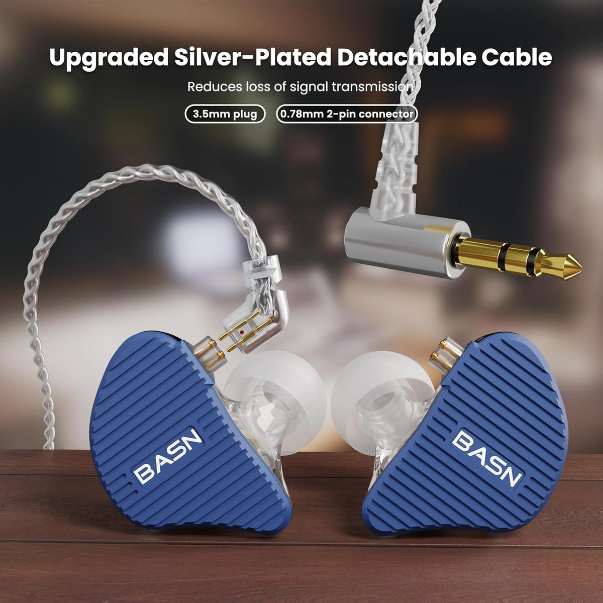 BASN Mix-PD in Ear Monitor,1Planar Driver + 1Dynamic Driver HiFi IEM Earphones with CNC Crafted Metal Cover, Wired 0.78mm 2-Pin Silver Plated Detachable Cable for Musicians (Blue)