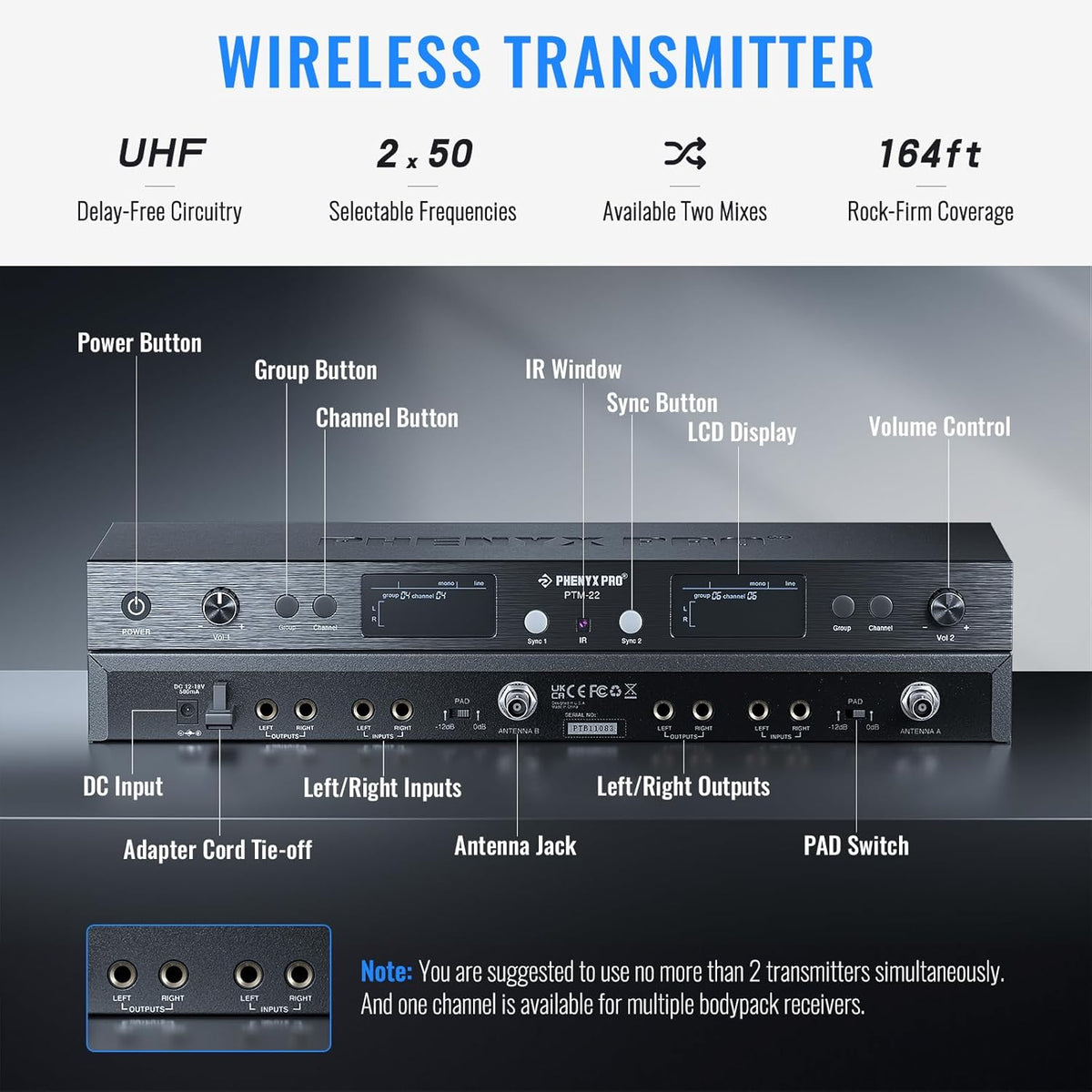 Phenyx Pro UHF Mono Dual Wireless in-Ear Monitor System, Metal Wireless IEM System, Sturdy Bodypack Receiver, 2x50 Frequencies, Separate Outputs,164ft Operation, Suitable for Band and Studio (PTM-22)