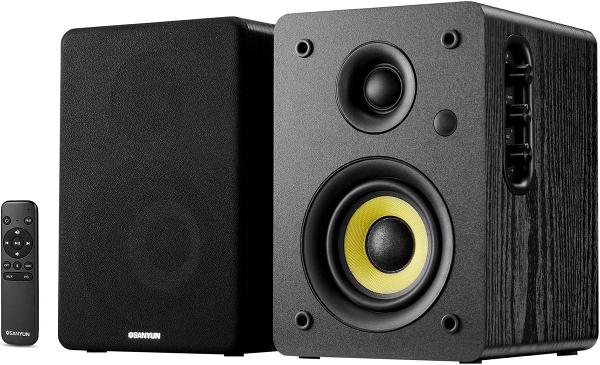 SW206 4” HiFi Bookshelf Speakers with Studio Mode, 80W Active, Bluetooth 5.4/Optical/Coaxial/TRS/Aux/24bit DAC USB, for Turntable TV PC Desktop, MDF Cabinet, Remote Control, Black
