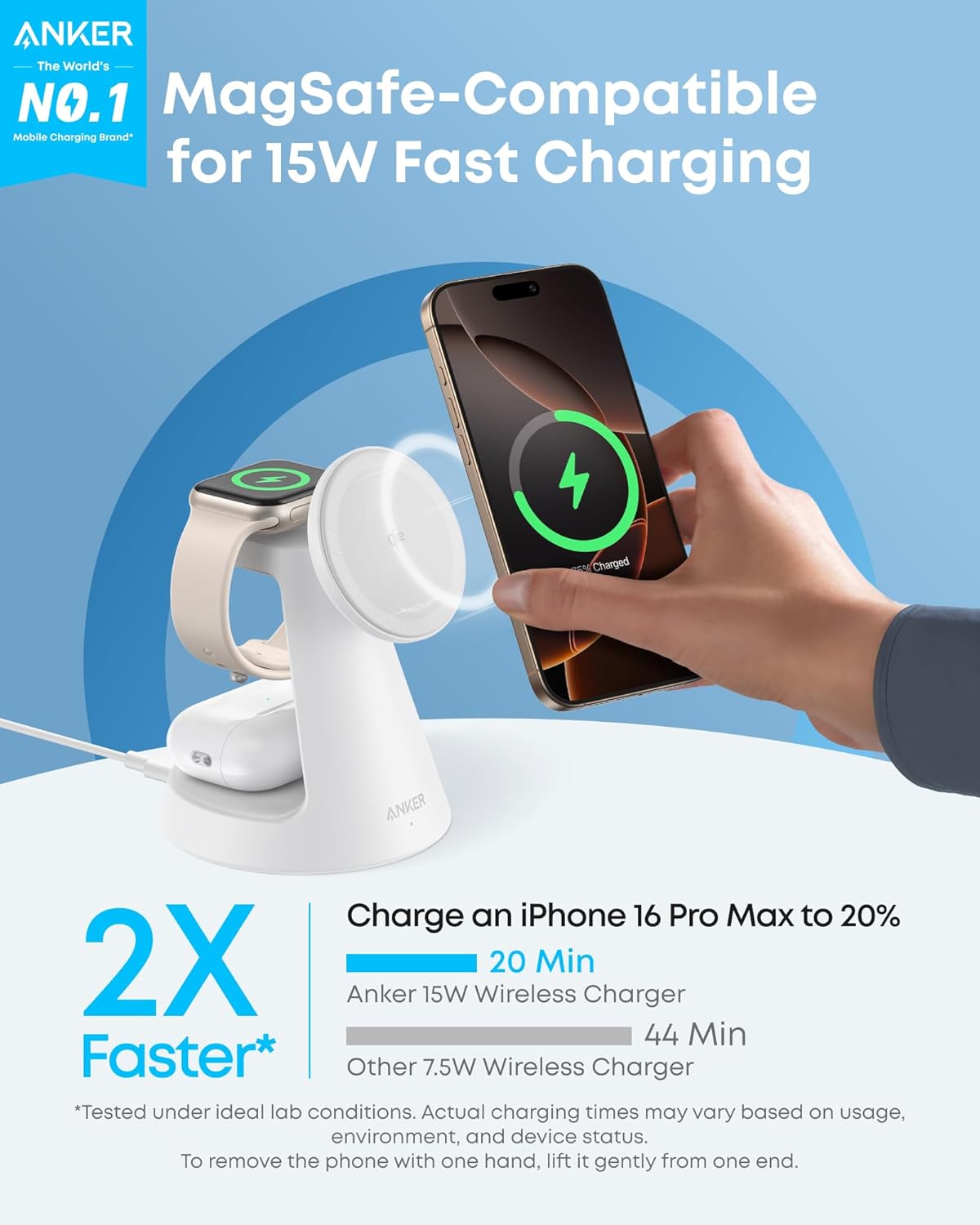 Anker MagSafe Charger Compatible, MagGo 3-in-1 Charging Station, Nano Charging Stand, Qi2 Certified 15W Magnetic Wireless Charger Dock Stand, For iPhone16/15/14, Apple Watch,AirPods (Adapter Included)