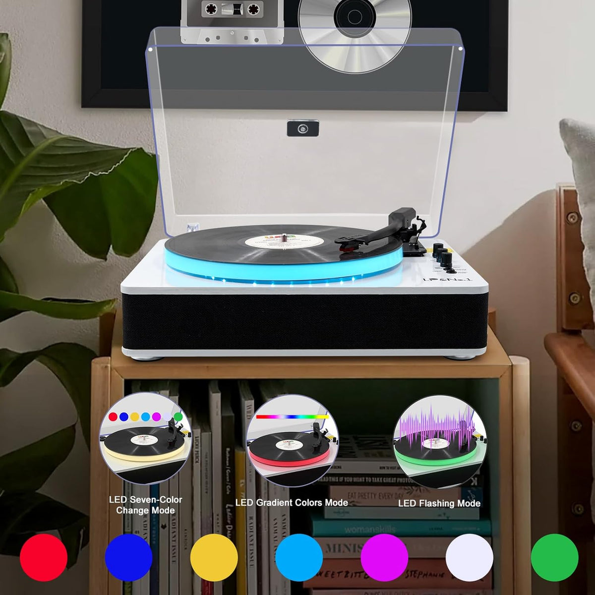 LP&No.1 Record Player with Built-in Stereo Speakers, LED Control, 3-Speed Belt-Drive Vinyl Turntable with USB Playback & Recording, Wireless BT Input & Output, Auto Stop, Pitch Control | White Pearl
