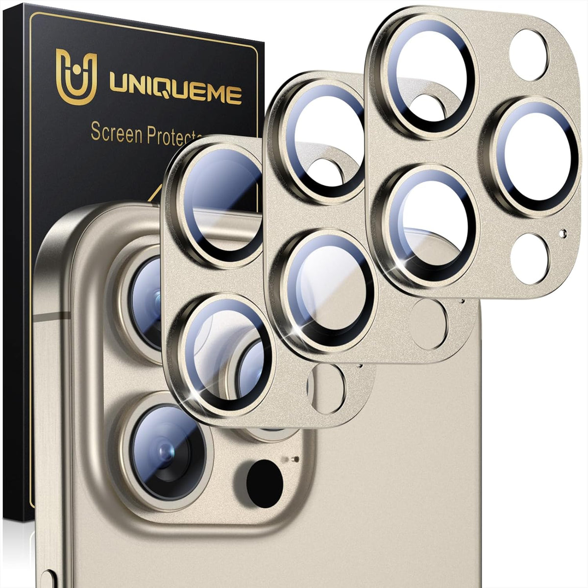 UniqueMe for 3 Pack iPhone 15 Pro/iPhone 15 Pro Max Camera Lens Protector, [Drop Protection] [Case Friendly] Camera Cover Screen [Update New Version] - All-Gold