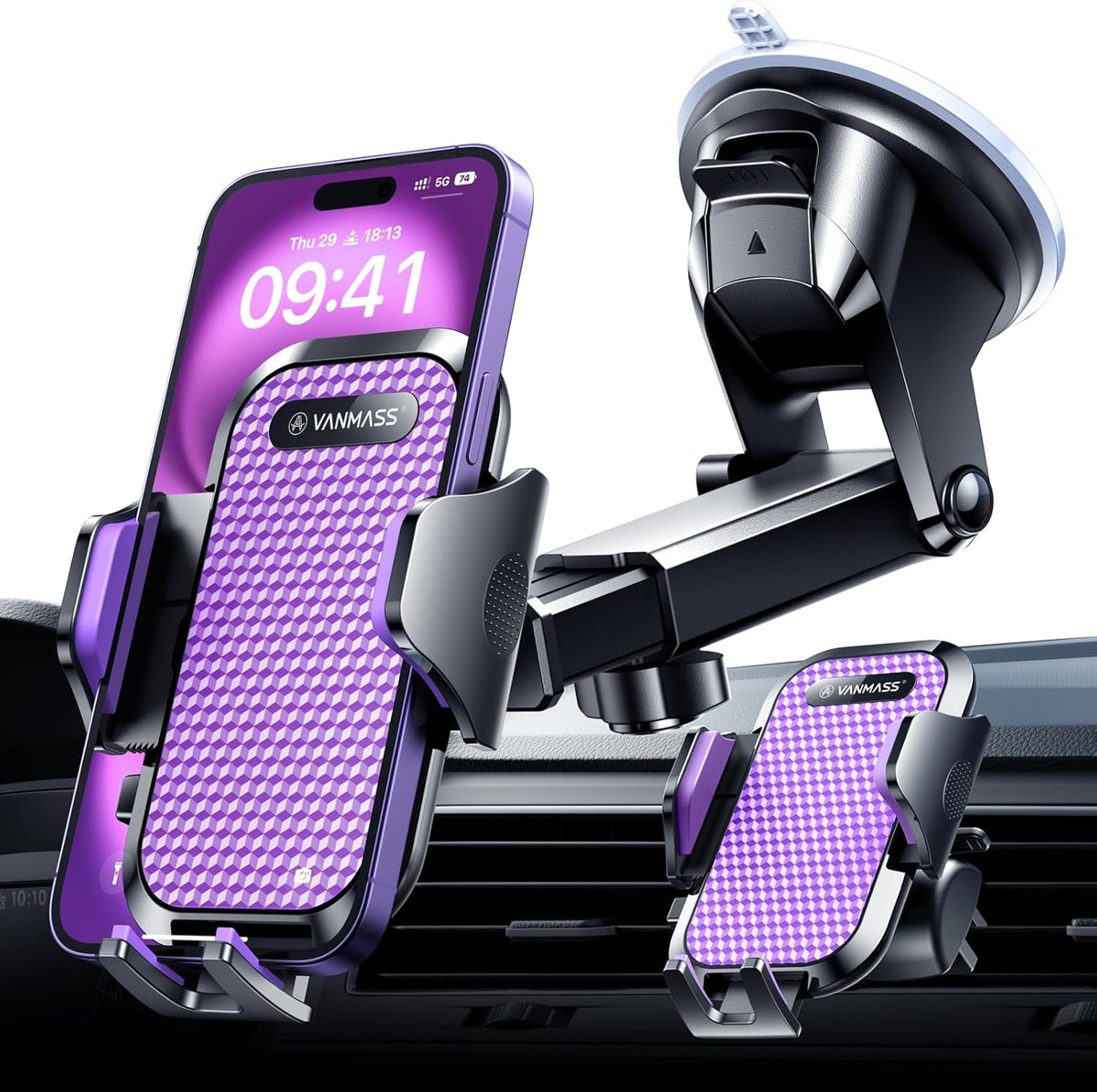 VANMASS Ultimate Car Phone Holder 2025【Military-Grade & Strongest Suction】 Phone Holder for Your Car【Patent & Safety Certs】 Windshield Dashboard Vent Cell Phone Car Mount for iPhone Samsung Android