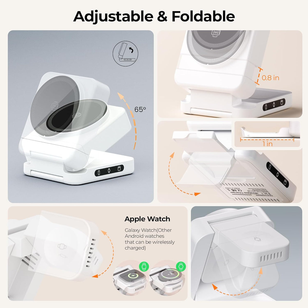 【2025 Upgraded】 Wireless Charger 3 in 1, Foldable Wireless Charging Station, Travel Magnetic Charger Stand, Nightstand 15W Charging Station for iPhone 16 Samsung S25 Samsung Watch TWS Earphone iWatch