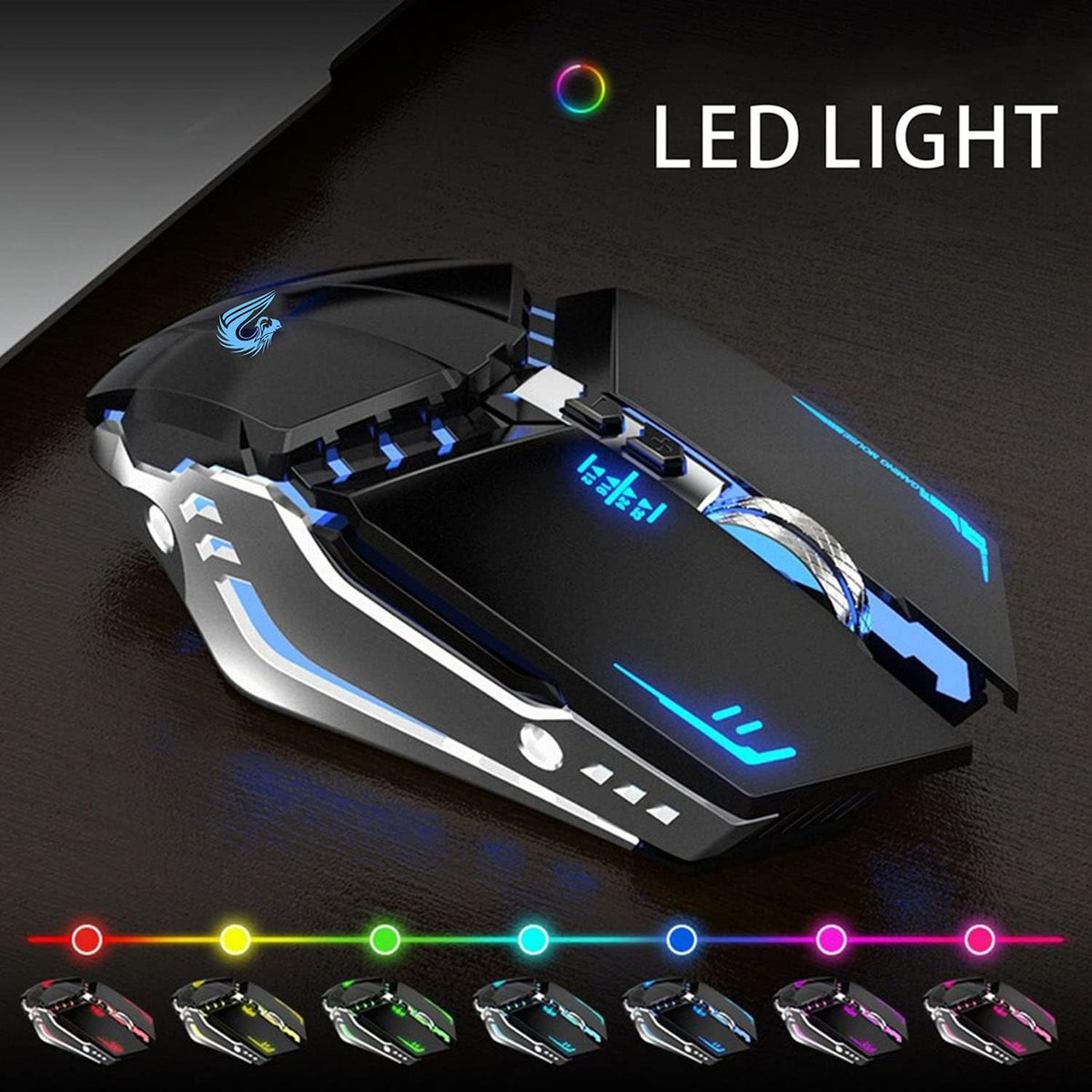 TENMOS T12 Wireless Gaming Mouse Rechargeable, 2.4G Silent Optical Wireless Computer Mice with Changeable LED Light for Laptop PC, 7 Buttons (Black)