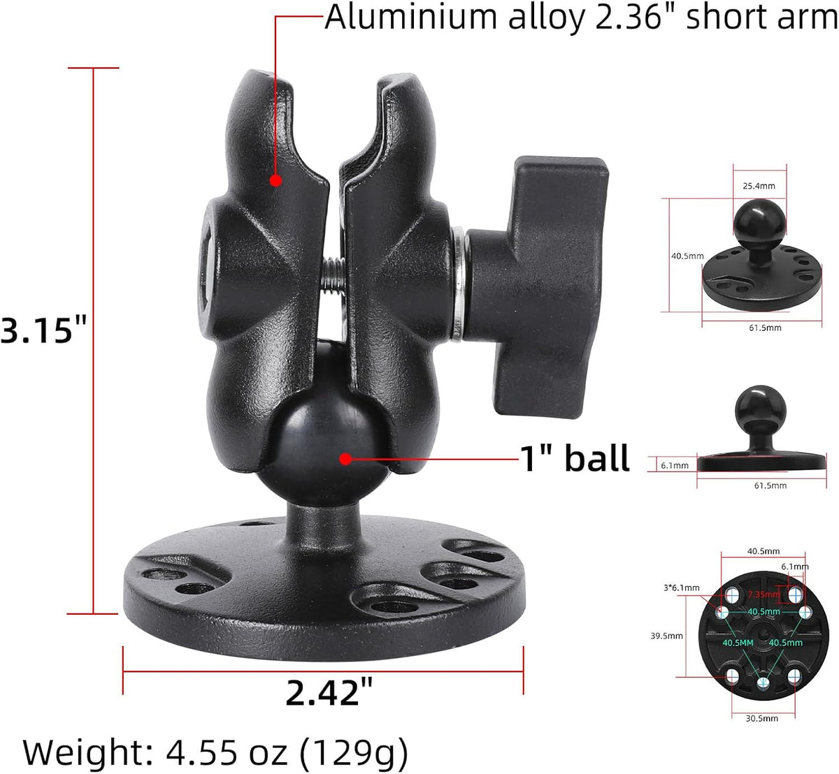 1" Ball Double Socket Arm with AMPS Hole Round Plate Base, Aluminum Alloy Arm&Drill Base, Compatible with RAM Mounts 1 Inch Ball Components, for Bike Car Motorcycle Phone Mount (3.15" Length)