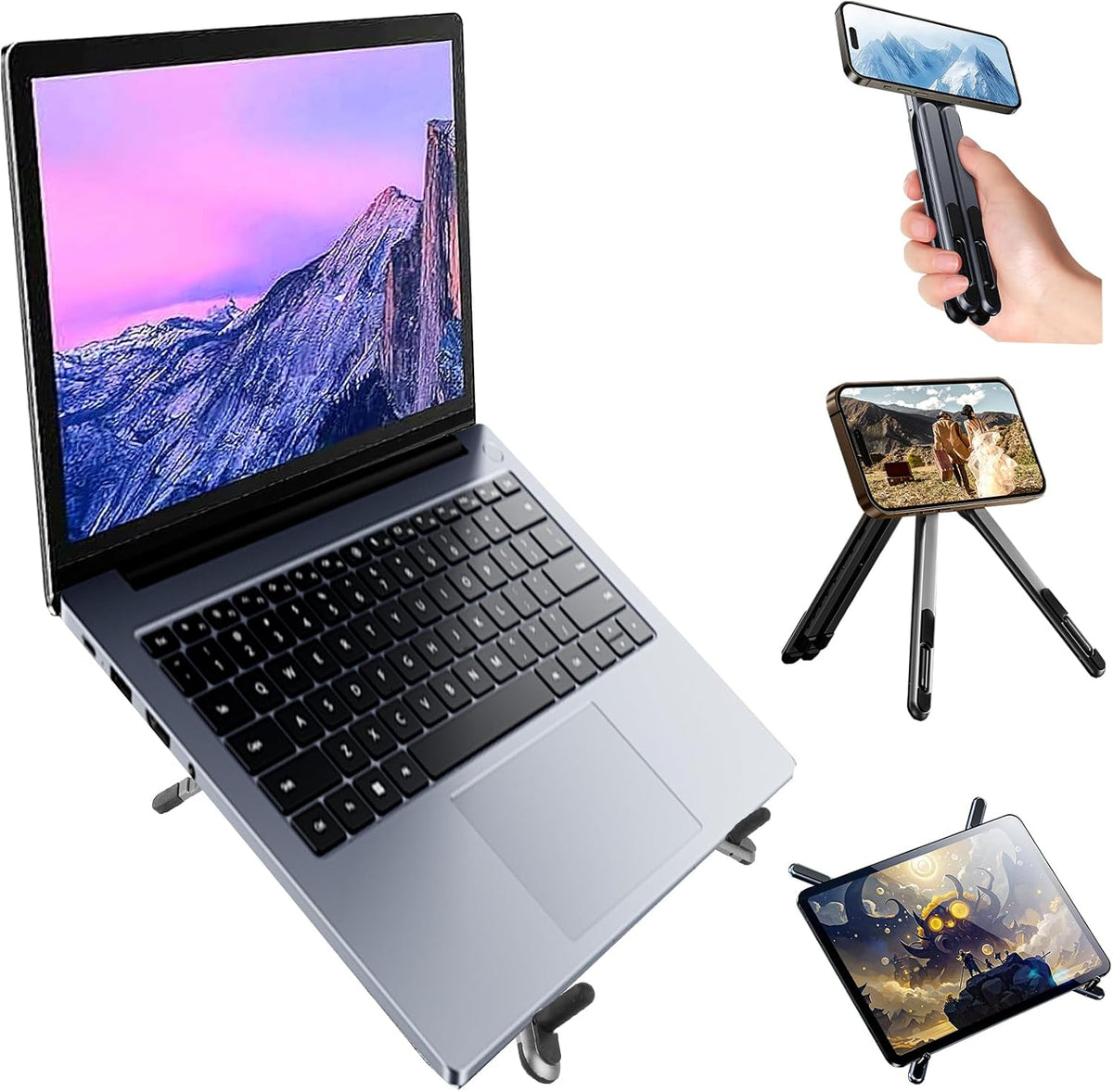 Foldable Laptop Stand for Desk, All-in-One Portable Holder for Laptop, Phone & Tablet with Magnetic Mount - 8-Angle Adjustable Aluminum with Non-Slip Base for 10-15.6" Laptops