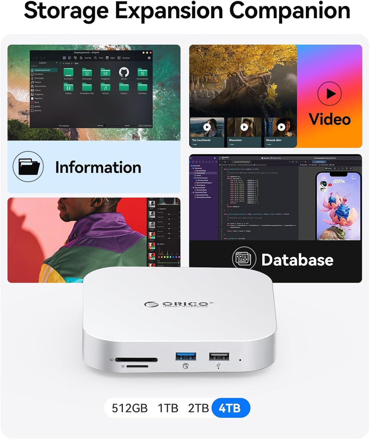 ORICO MiniMate SE Mac mini M4 2TB Storage & Docking Station, External SATA SSD (Non-Removable) 5Gbps(480MB/s), USB A*4, USB-C, SD/TF 3.0, 3.5mm Audio, Includes 2 Cables – M4SE