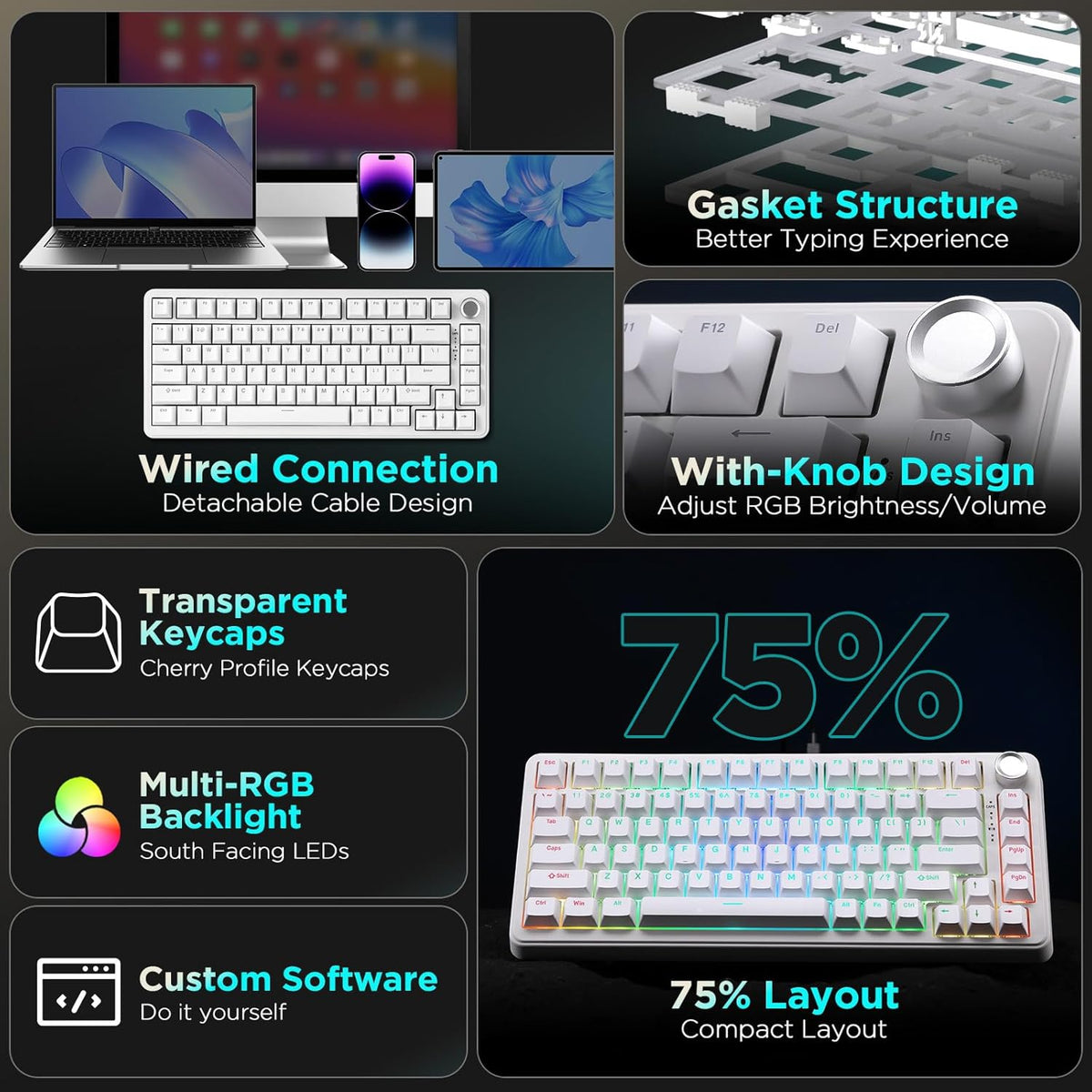 YUNZII B75 Mechanical Keyboard,75% Layout with Knob,Hot Swappable RGB Backlit Gasket Mounted, Creamy Typing, Double-Shot PBT Keycaps,Cherry Profile,for Win/Mac (White, Milk V2 Linear Switch)