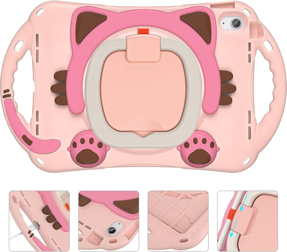 BRAECN Cute Cat Case for iPad (A16) 11th/10th Generation 11”/10.9'' 2025/2022, Silicone Kids Boys Girls Case with Pencil Holder, Carrying Shoulder Strap, 360°Rotating Handle Grip, Kickstand -Pink