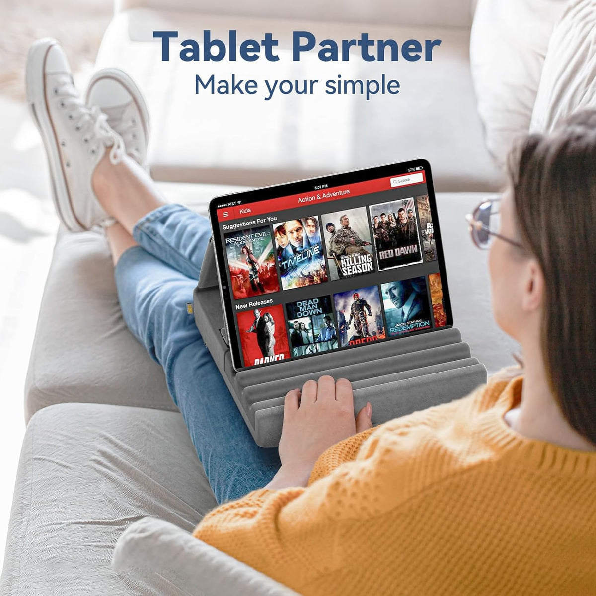 KDD Tablet Pillow Holder, Foldable iPad Stand for Lap, Bed and Desk -Tablet Soft Pad Dock with Pocket & Stylus Mount Compatible with iPad Pro 12.9, 10.5, 9.7 Air Mini 6 5 4 3, Galaxy Tab, E-Reader