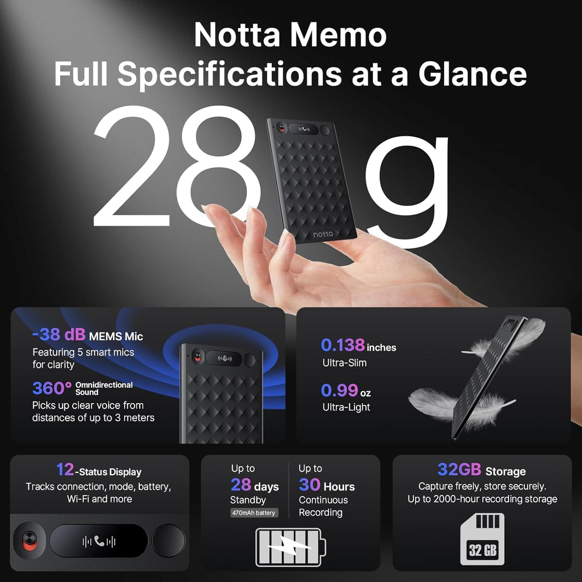 AI Voice Recorder, Notta Memo Digital Voice Recorder w/Case, AI Transcription & Summary of Global Main Languages, 2000h Recording Memory, One-Press Recording for Calls, Meetings, Interviews, Lectures