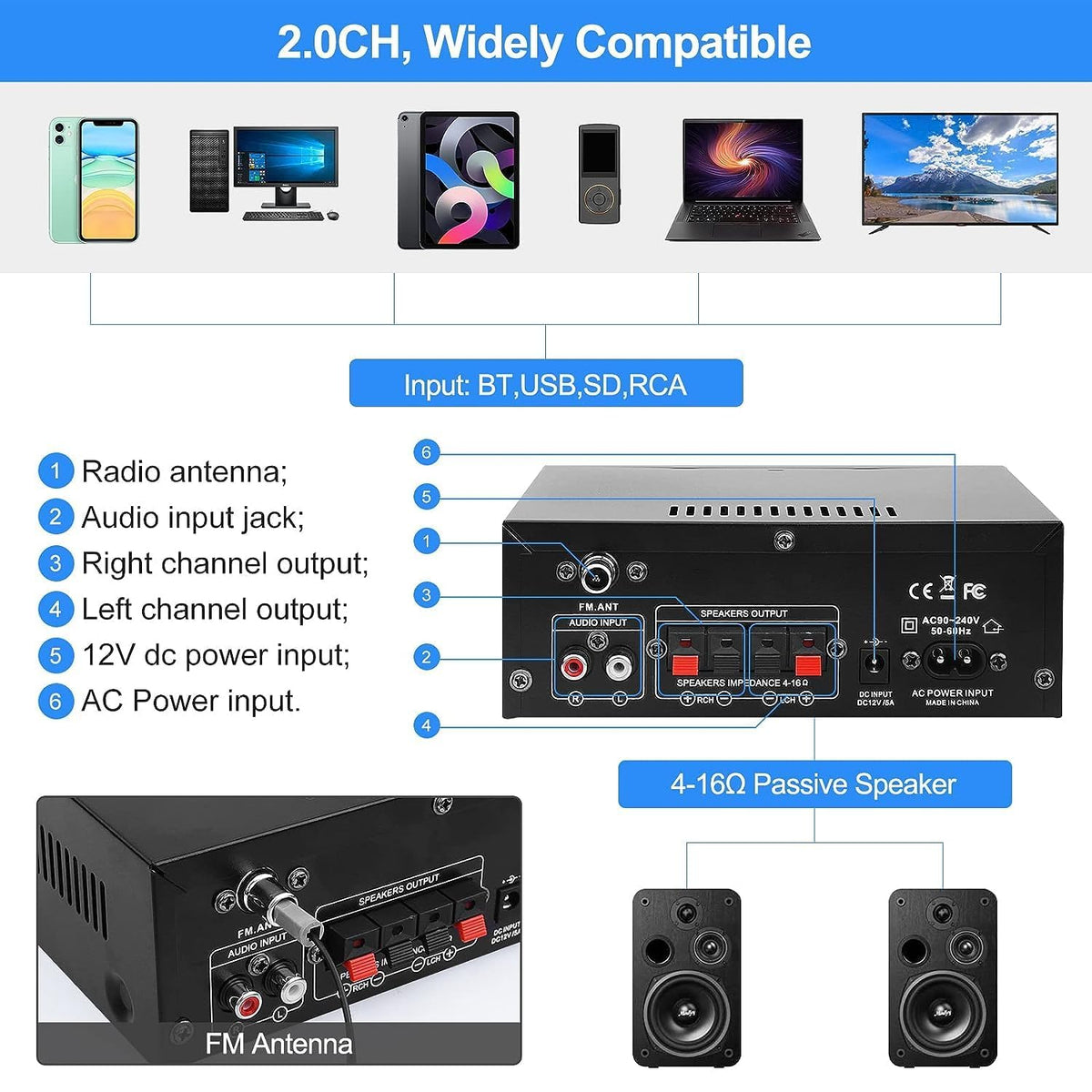 AK45 Pro Stereo Amplifier Home Audio, Stereo Receivers with Bluetooth 5.0,Max 400W, 2.0 Channel Audio Receiver for Home Theater Speakers w/USB/SD/RCA/2 MIC in for Karaok