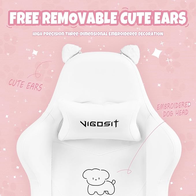 White Dog Gaming Chair - Kawaii Design for Competitive Gamers &amp Adults Ergonomic High Back with Lumbar Support 310lbs Capacity