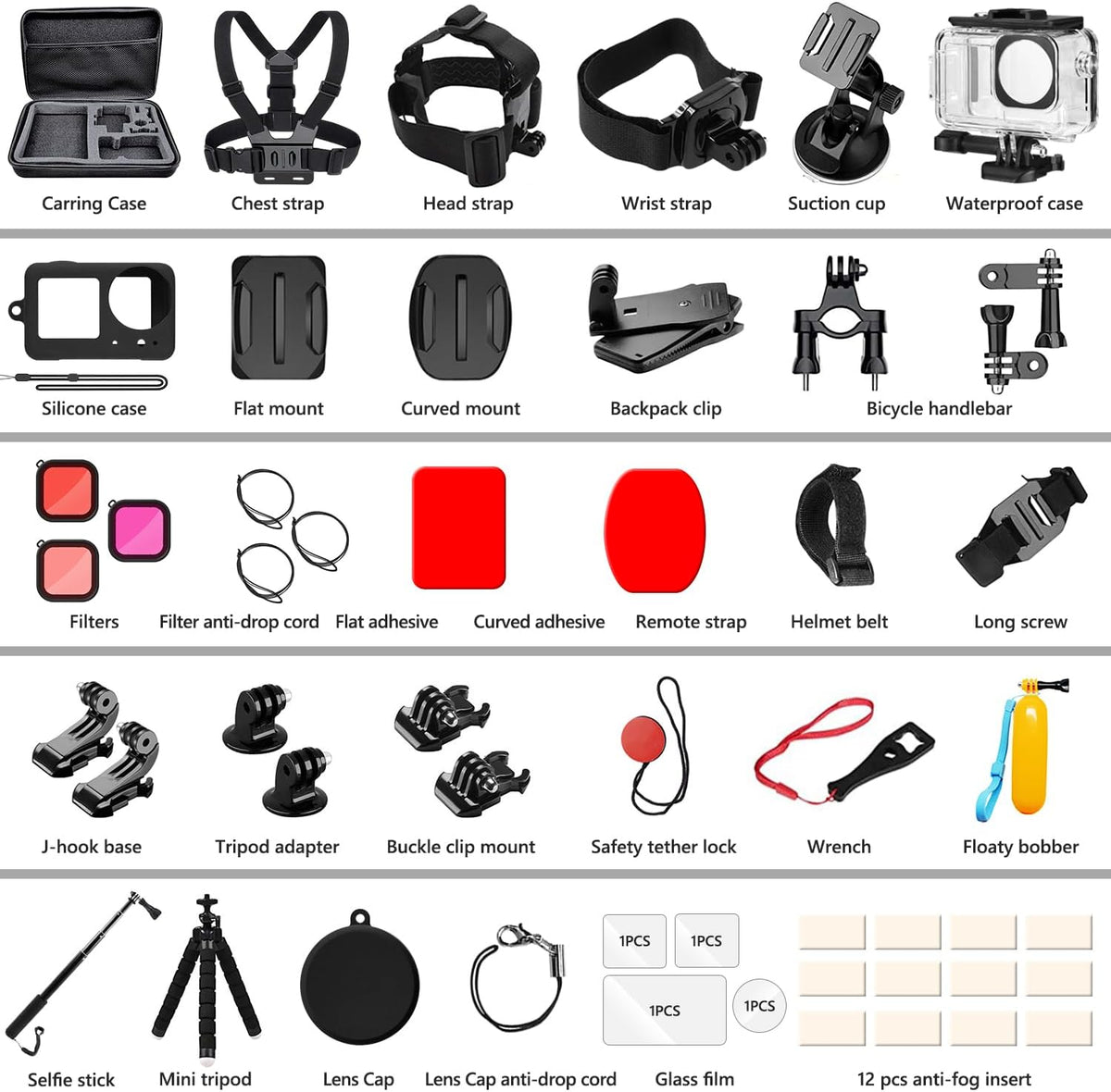 Accessories Kit for DJI Osmo Action 5 Pro/4/3 Black, SGIP Waterproof Protective Cover Housing Bike Mount Selfie Stick, Accessory Set