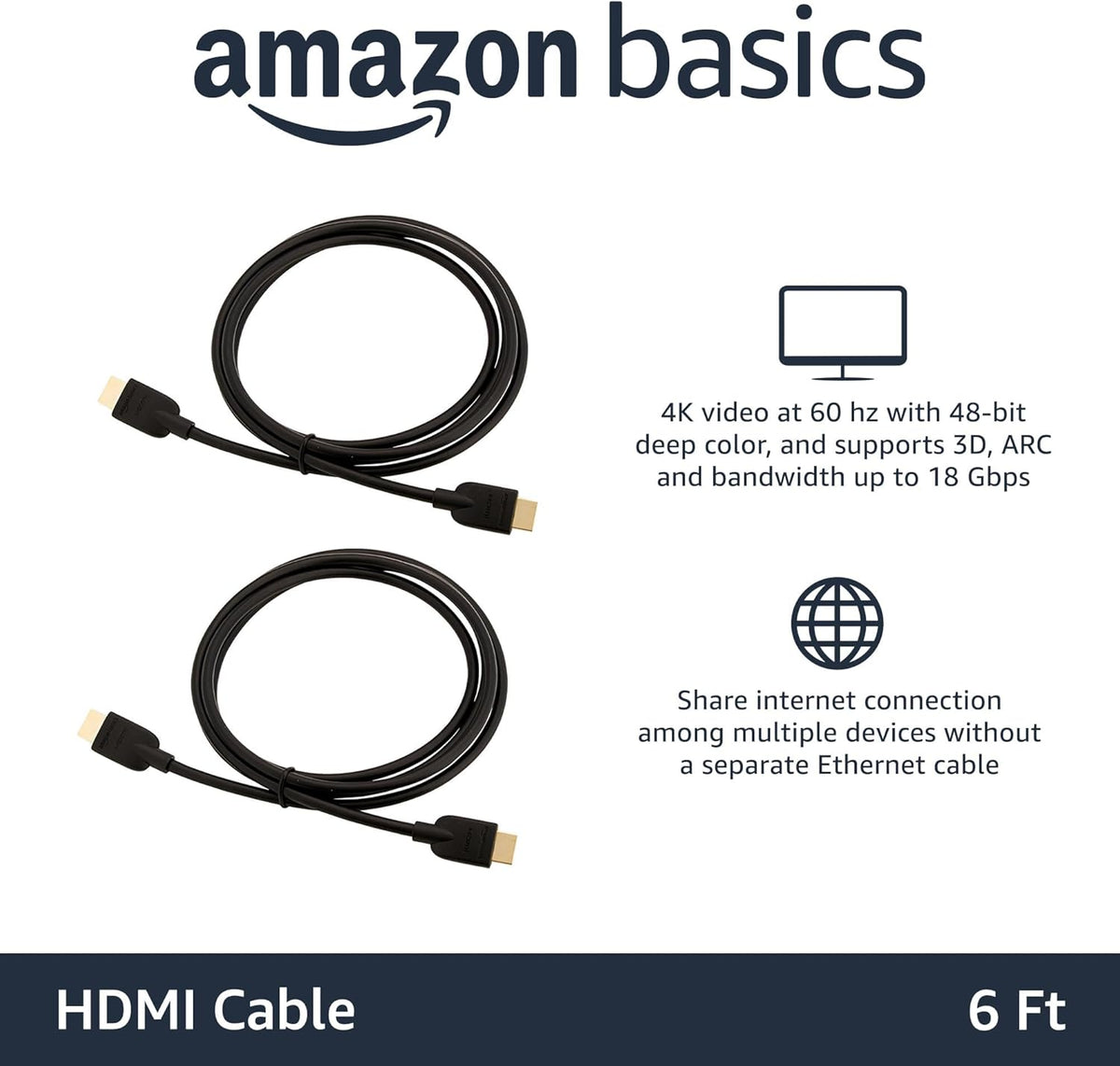 2.0 2-Pack, 6ft, 4K@60Hz, 18Gbps, 2160p, 48 TV/PS5/Xbox/Roku/Blu-ray, Amazon Basics HDMI Cable, High-Speed bit
