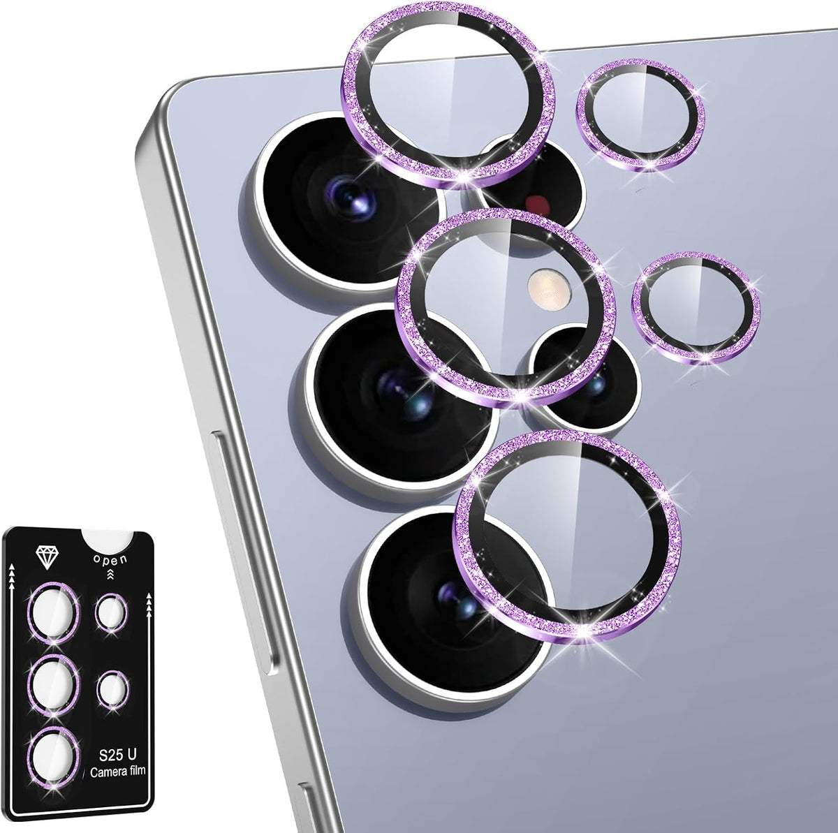 for Samsung Galaxy S25 Ultra Camera Lens Protector, Individual Metal Ring Tempered Glass Lens Cover, [Strong Adsorption] Scratch Resistant Ultra-Thin HD Clear Lens Cover, 1 Set-Purple Sparkly