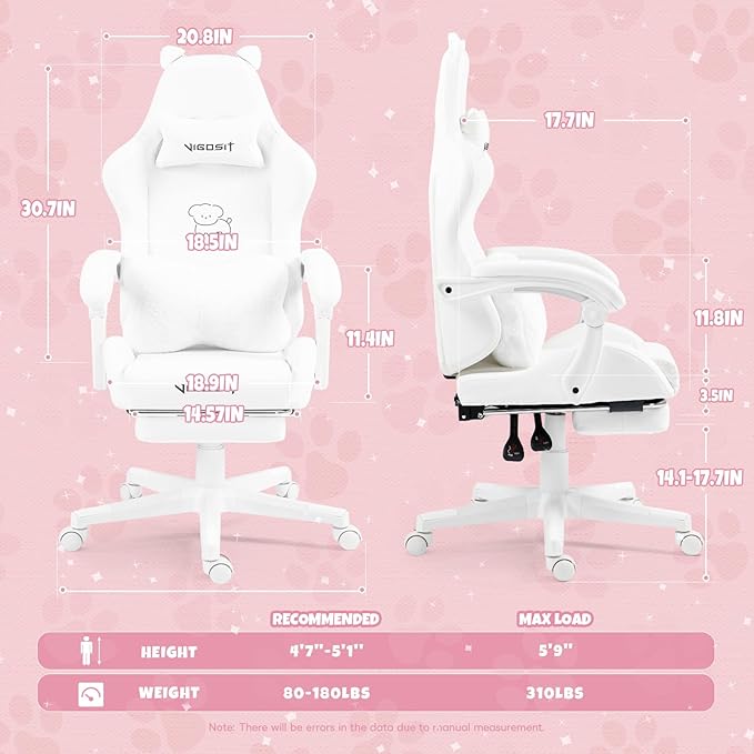 White Dog Gaming Chair - Kawaii Design for Competitive Gamers &amp Adults Ergonomic High Back with Lumbar Support 310lbs Capacity