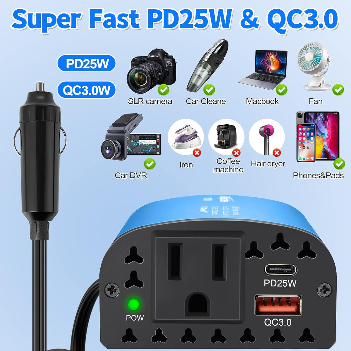 150W Car Power Inverter DC 12V to 110V AC Car Plug Outlet Adapter with PD 25W USB C & QC3.0 Car Laptop Charger-Blue