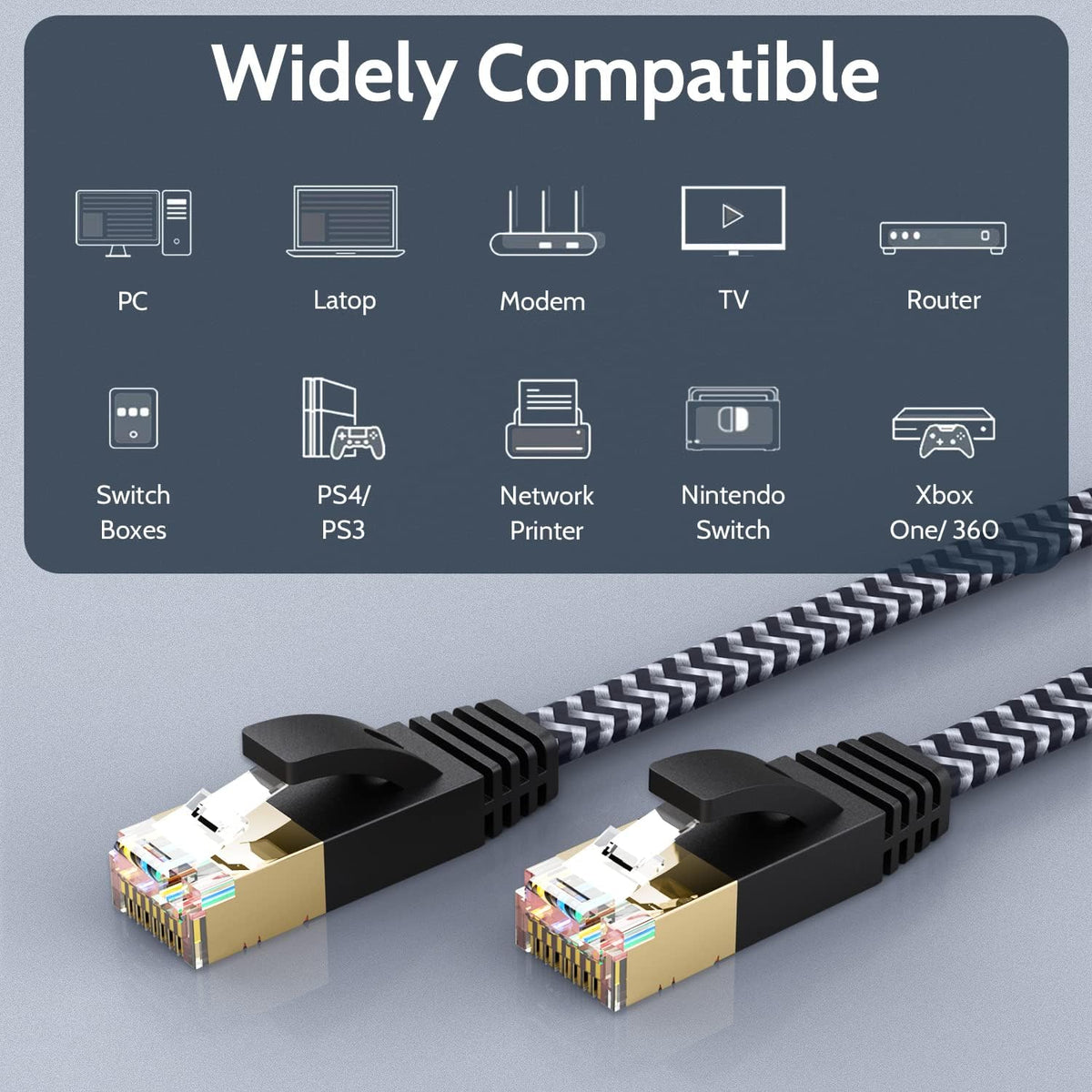 7 5ft 10Gbps Cat Ethernet Cable High-Speed, Premium Braided Flat Design for Gaming, Streaming, Home and Office