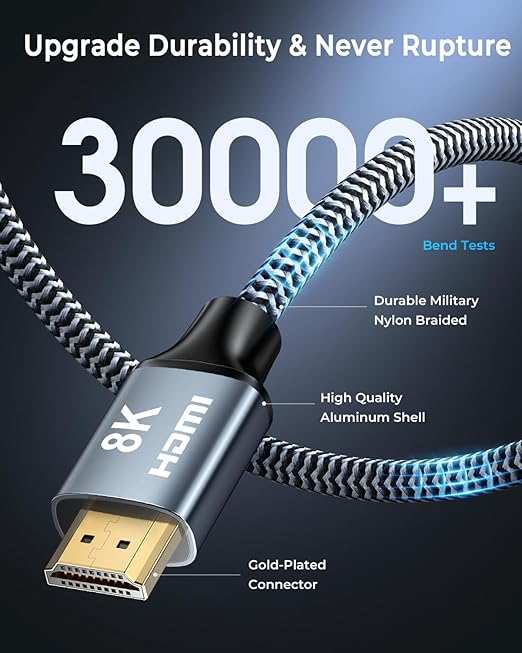 CABNEER 8K HDMI Cable 30 ft, 48Gbps High Speed HDMI 2.1 Cable, Braided HDMI Cable 2.1 8K 60Hz 4K 120Hz Support for HDR eARC HDCP 2.2/2.3, HDMI Cord Compatible with HDTV, Laptop, Monitor, PC