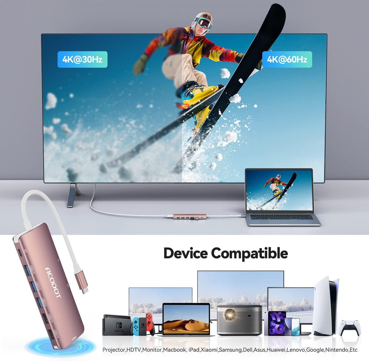 Acodot 9 in 1 USB C to 4K@60HZ HDMI Multiport Adapter, 3 USB 3.0 Ports, SD/TF Card Reader, 100W PD, Designed for MacBook Pro Air HP XPS etc, Rose Gold