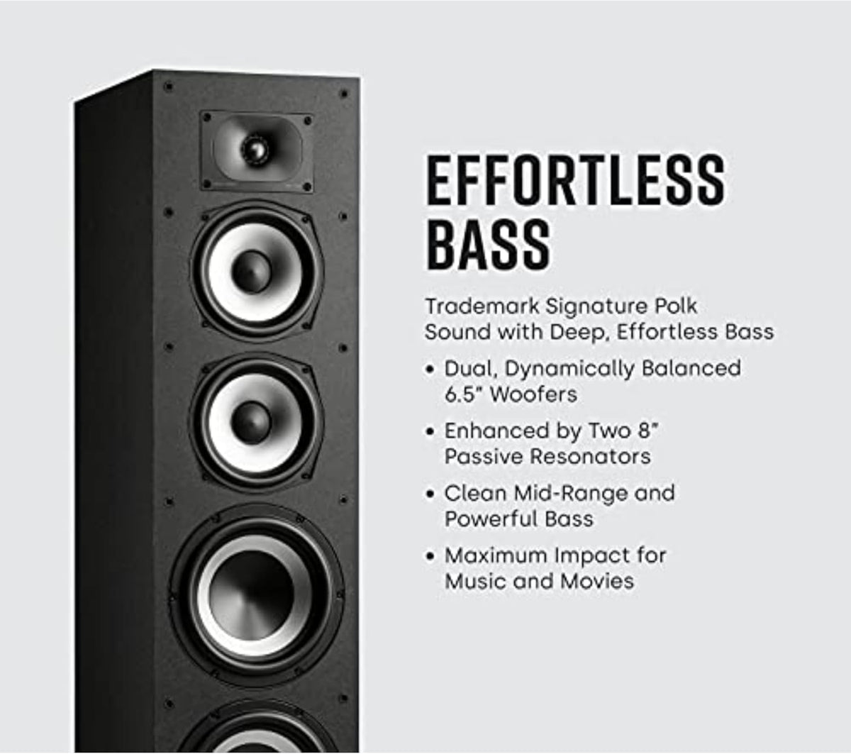 Polk Monitor XT70 Large Tower Speaker - Hi-Res Audio Certified, Dolby Atmos & DTS:X Compatible, 1" Tweeter, (2) 6.5" Dynamically Balanced Woofers, (2) 8" Passive Radiators (Single, Midnight Black)