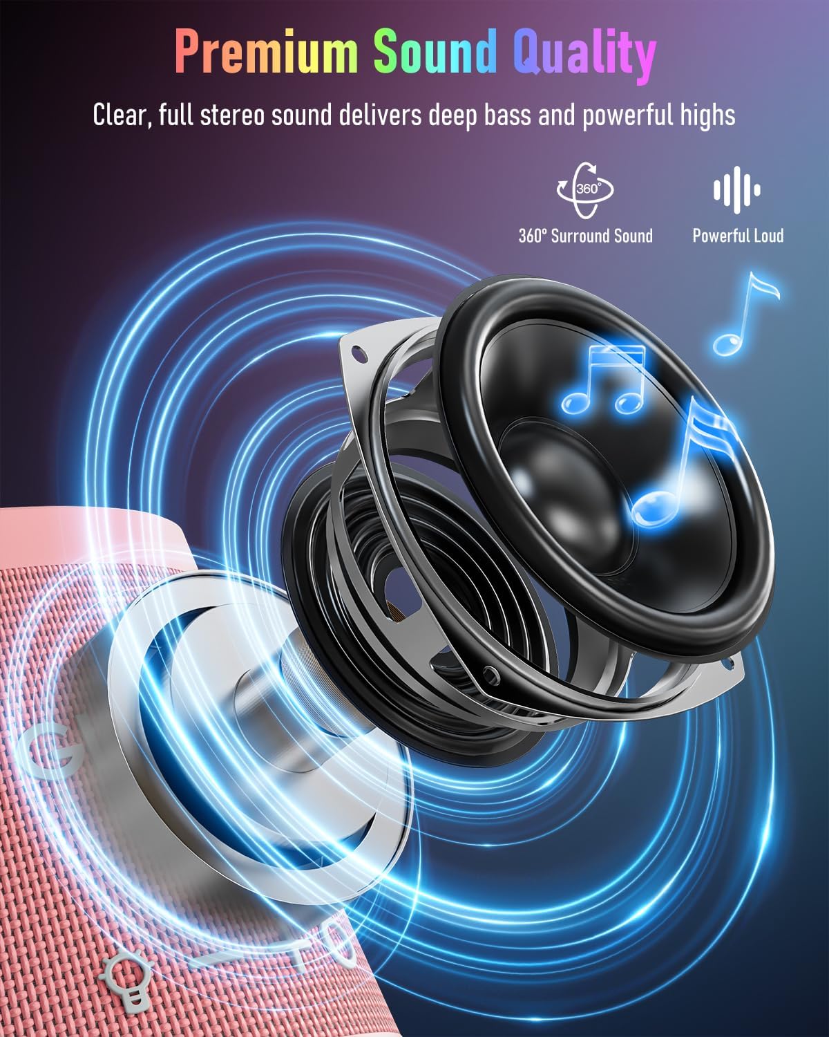 Portable Bluetooth Speaker Wireless with 9 Color Lights, 20H Playtime, Stereo Pairing, Deep Bass, IPX6 Waterproof, Bluetooth 5.3, Small Speaker for Home, Party, Outdoor, Camping, Beach, Gift