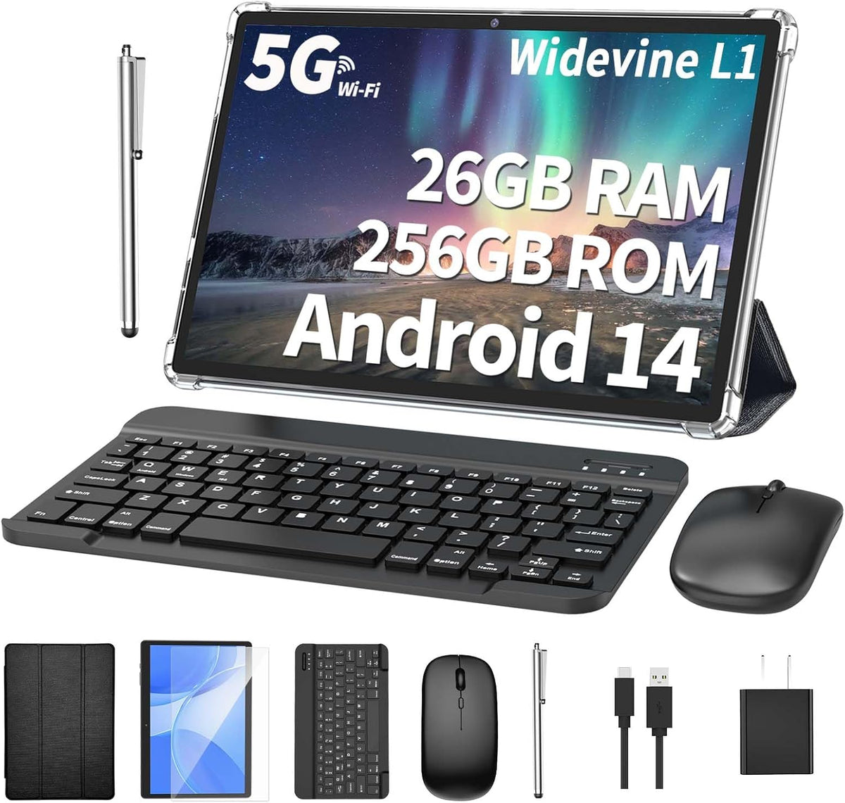Android Tablet with Keyboard, 26GB RAM, 256GB ROM(1TB Expand), 10.1 inch Android 14 Tablet, 8000mAh Battery, BT 5.0, GMS Certified, 2.4G&5G WiFi, 2 in 1 Tablets with Mouse, Case, Stylus(Black)