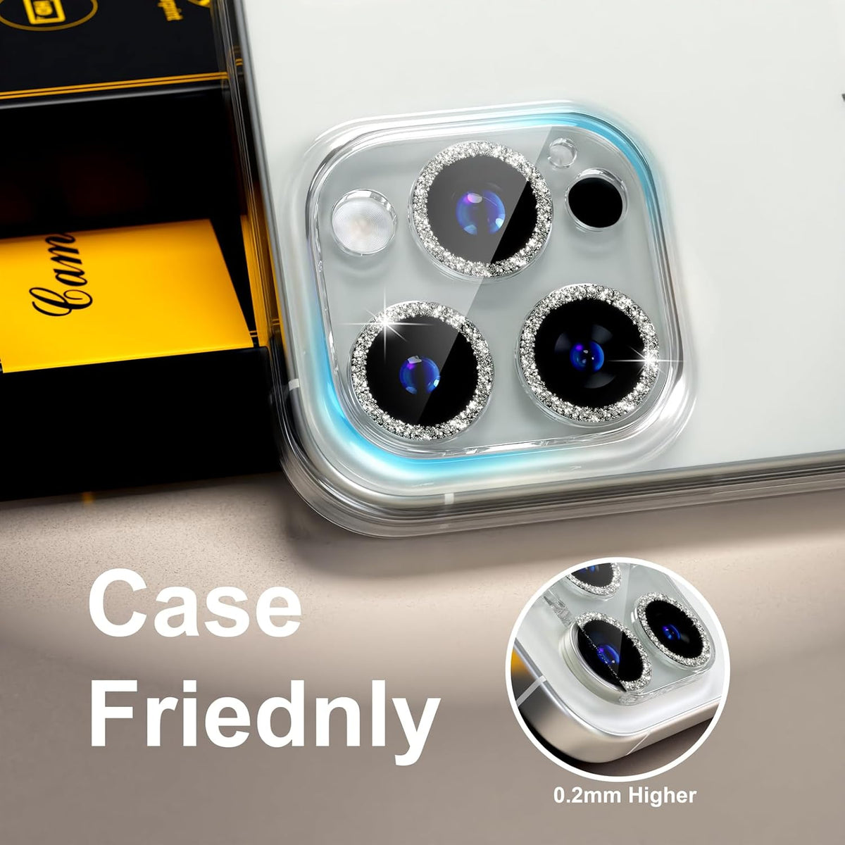 beuxece for 6 Pack iPhone 15 Pro/iPhone 15 Pro Max Camera Lens Protector [Drop Protection] [Case Friendly] [Easy Installation] 9H Tempered Glass Camera Screen Protector Cover, Glitter Silver