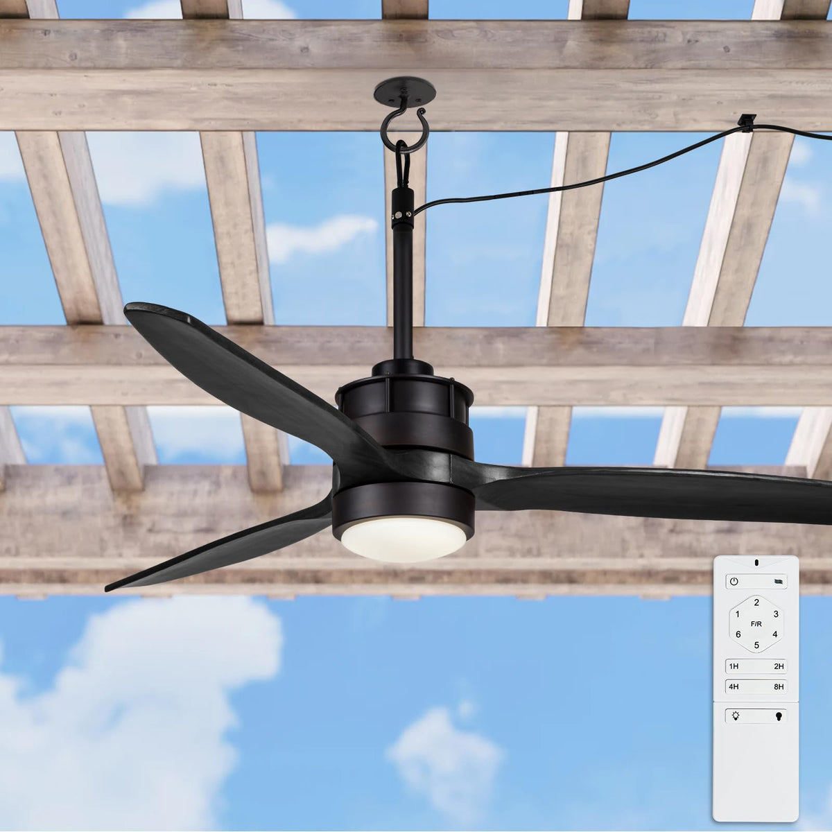EKIZNSN 42 Inch Waterproof Outdoor Ceiling Fan for Gazebo with Hook - Damp Rated Hanging Fan with Light for Garage, Black