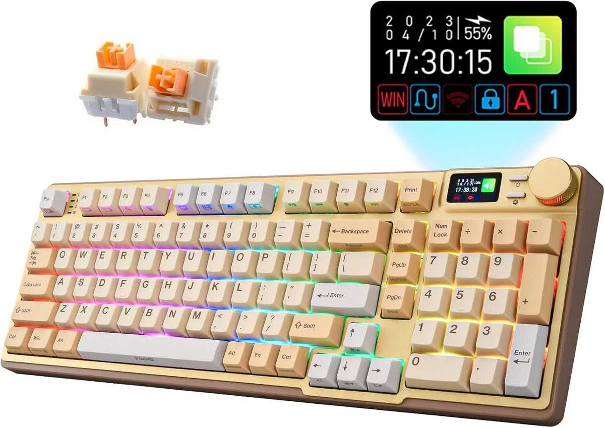 iRocks K85R Wireless RGB Backlit Mechanical Gaming Keyboard with LCD Display, Hot-Swappable Pre-lubed Switches, 98 PBT Keys, USB-C Detachable Cable (Light Golden, Silent Bubble Switch)