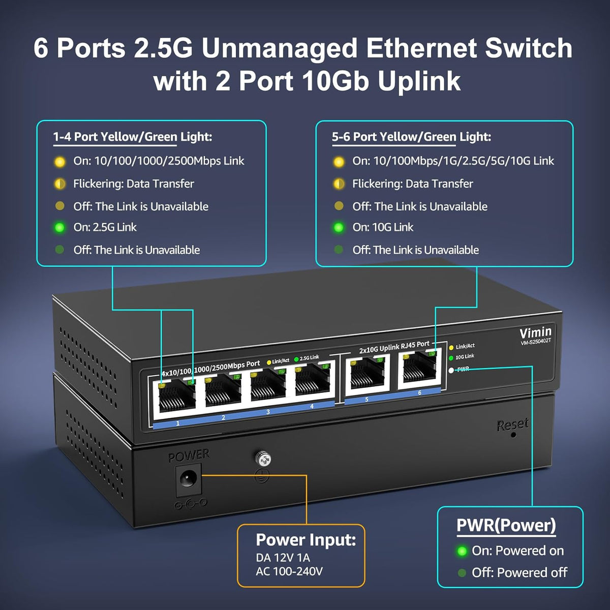 6-Port 10G/2.5G Ethernet Switch with Dual 10GBASE-T, Vimin 4X 2.5G +2 x 10Gb RJ45 Ports Unmanaged Switch, 60Gbps Capacity, 10G Switch Desktop/Wall Mount Network Switch for NAS, PC, Wireless AP