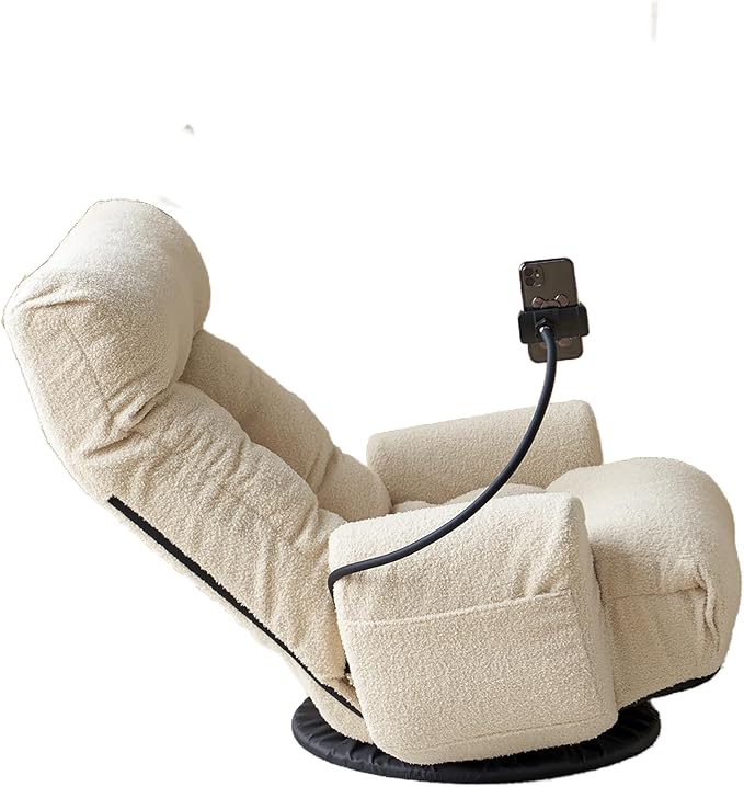 Gaming Chair Floor Sofa 360° Swivel Gaming Lounge Chair with Adjustable Backrest &amp Armrests Game Chair w/Phone Holder &amp Side Pocket Teddy Fluffy Recliner for Bedroom Living Room Dorm (Beige