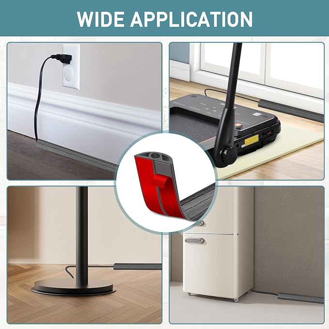 Floor Cord Cover Self Adhesive Cord Hider Floor Extension Cord Covers for Floor Power Cord Protector Cable Management Prevent Cable Trips Cable Cavity 0.32" W x 0.32" H (Deep Grey Wood, 10Ft)