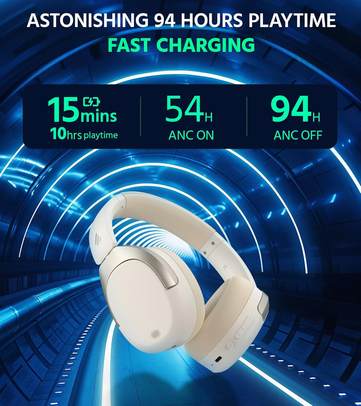 Edifier W830NB Wireless Over Ear Headphones with -45dB Active Noise Cancelling, 94H Playtime, LDAC Hi-Res Sound, Spatial Audio, Fast Charging, Multipoint Connection, Bluetooth V5.4 - Ivory