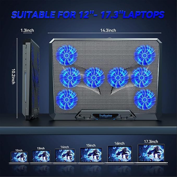 Laptop Cooling pad for Dell Vostro 3572 Gaming laptops Laptop Cooler with 8 Fans Adjustable Speed 5-Level Height Adjustment Mute SilentBuilt-in Phone Stand