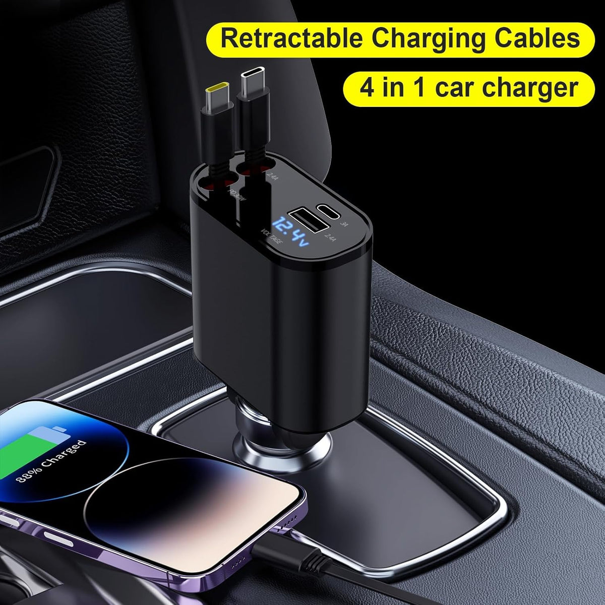 Retractable Car Charger Compatible with Galaxy Pixel, 4 in 1 Fast Charging Car Charger 60W, Double Type C Retractable Cable and 2 USB Ports