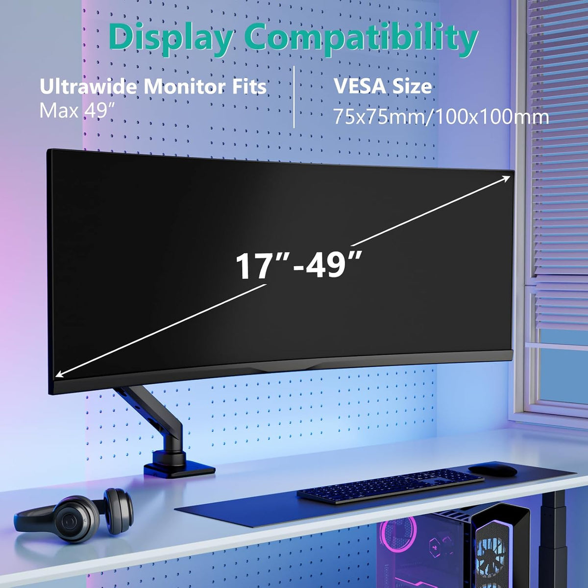 WALI Ultrawide Monitor Arm for 17 to 49 Inch Heavy Duty Curved Screens, Holds 44 Lbs, Adjustable Gas Spring Single Monitor Desk Mount for Samsung Odyssey G9, 75x75/100x100 VESA (GSM001XL-P), Black