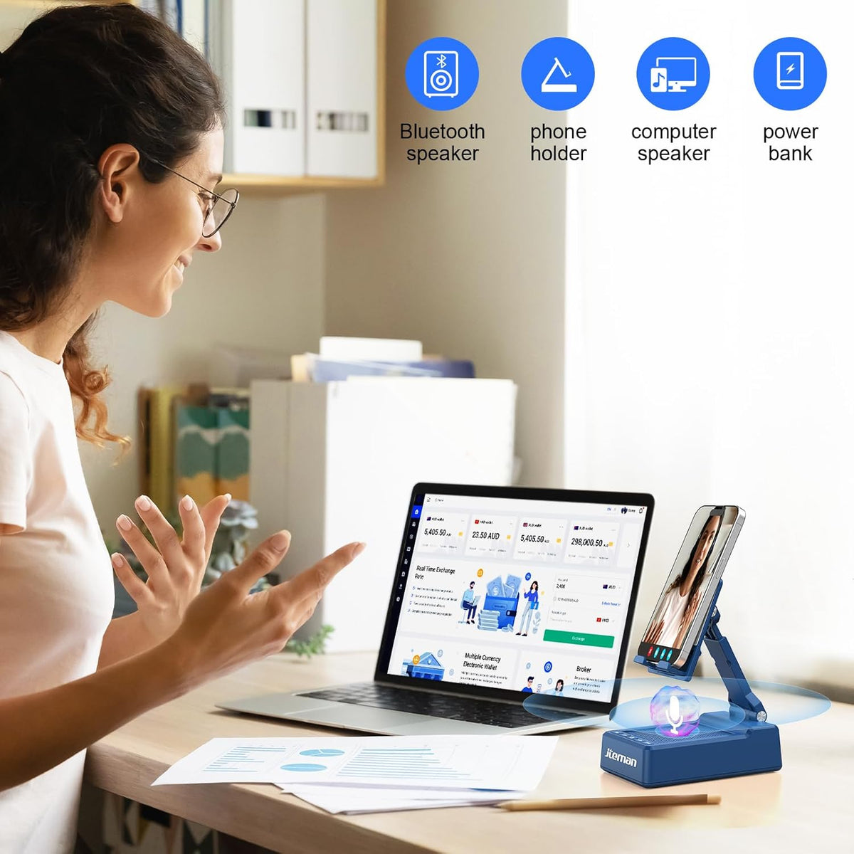 JTEMAN Gifts for Men Women,Cell Phone Stand with Bluetooth Speaker,Cool Tech Gadgets,Unique Birthday Gifts for Men Husband Mom Dad-Blue