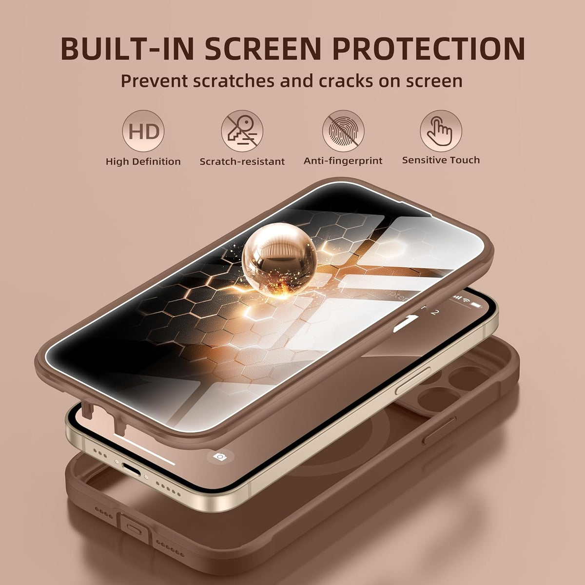 BERFY Magnetic for iPhone 13 Pro Max Case, Compatible with MagSafe, Built-in Privacy Screen Protector and Upgraded Camera Protection, Anti-Spy Full Body Shockproof Phone Case for 13 Pro Max 6.7",Brown