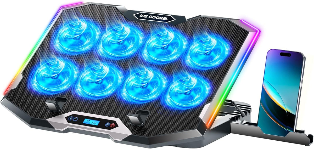ICE COOREL Gaming Laptop Cooling Pad with 8 Cooling Fans, Laptop Fan Cooler Pad for 15-17.3 Inch, Notebook Cooler Stand with 6 Height Adjustable, RGB Cooling Pad with Two USB Port + Phone Stand