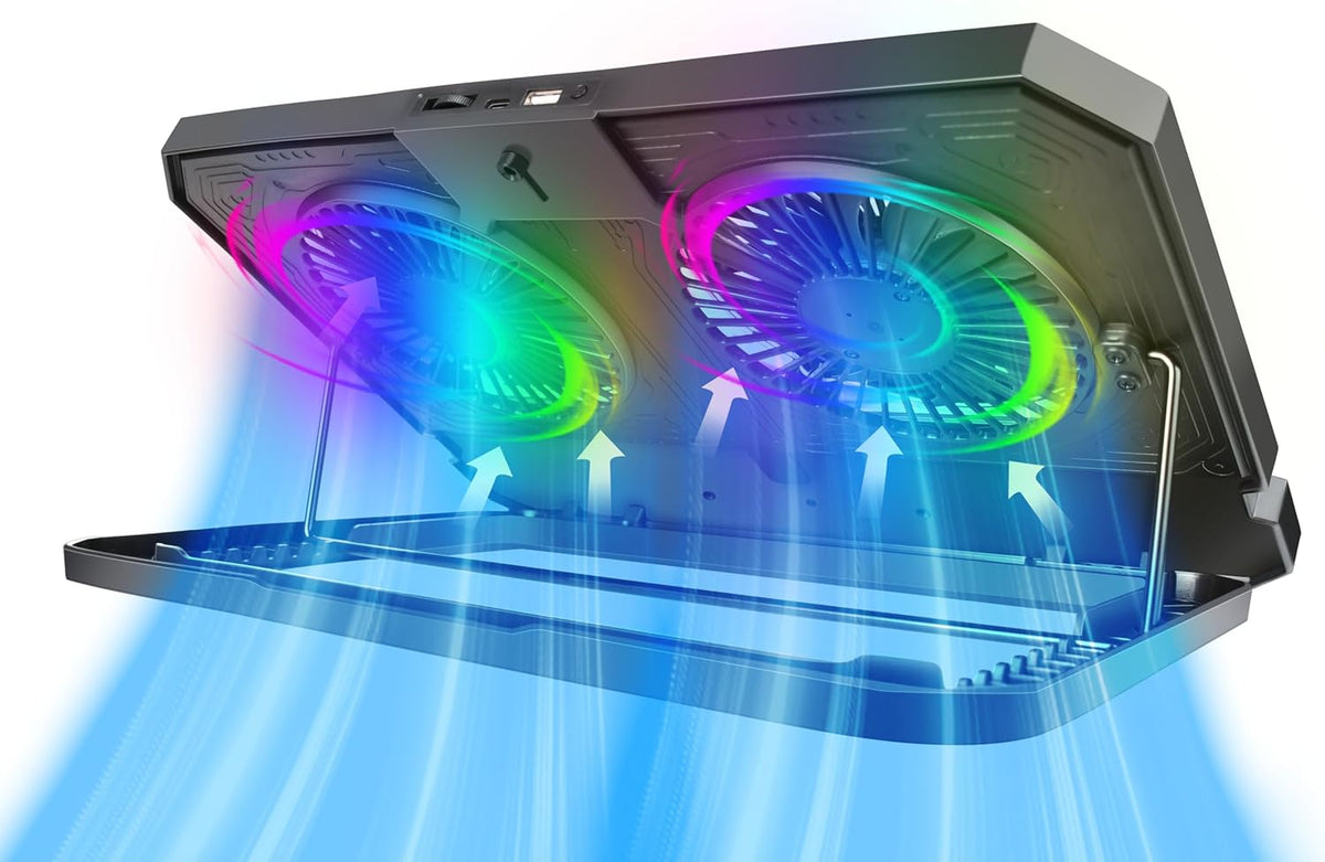 Gaming Crystal Shell Laptop Cooling Pad with Phone Holder, Dual High-Speed Fans, 8-Level Adjustable Height, RGB Lighting, Anti-Slip Base, USB-A & USB-C Ports – Black (for 10-17” Laptops)