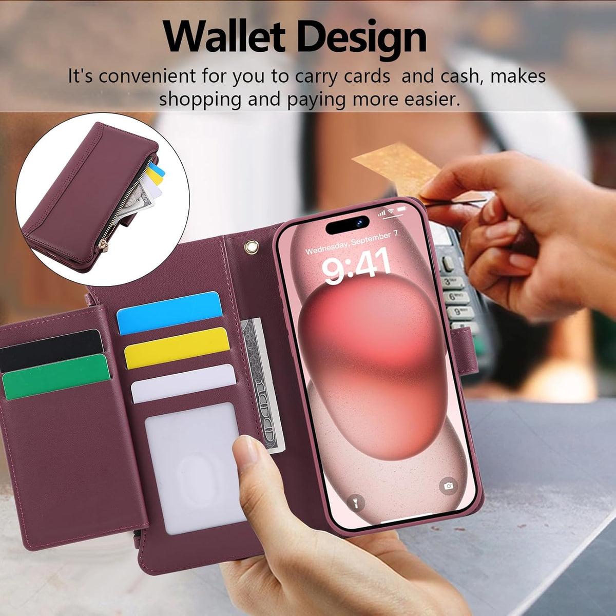 Compatible with iPhone 12/12 Pro Wallet Phone Case-PU Leather Magnetic Flip Cover with Credit Card Slots,Zipper Pocket & Detachable Wrist Strap,Shockproof Design,for Women and Men-Claret