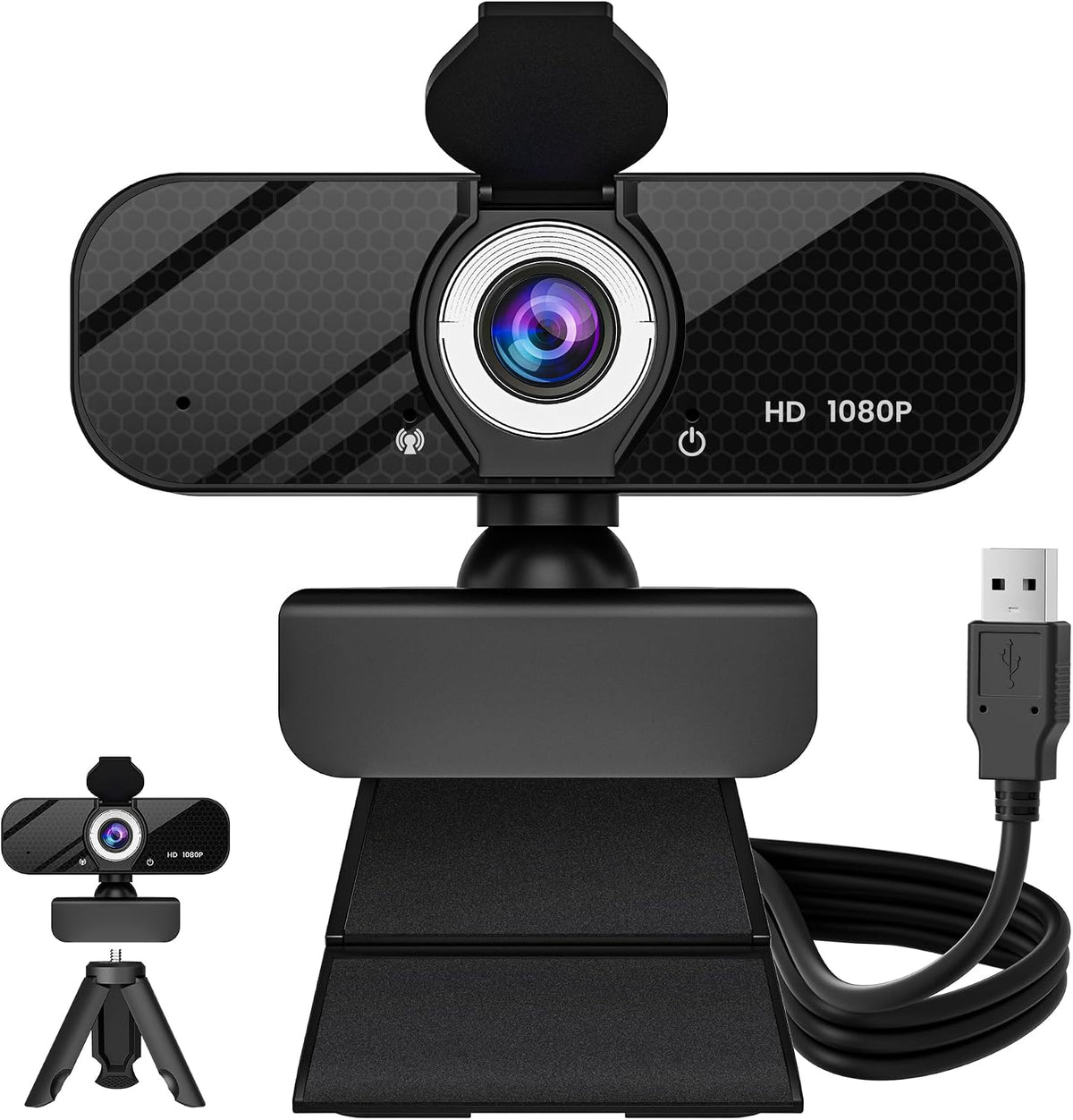 GOZVRPU 1080P Streaming-Black-1 HD Webcam with Built-in Microphone, Rotatable Tripod, Wide-Angle Lens,Privacy Cover