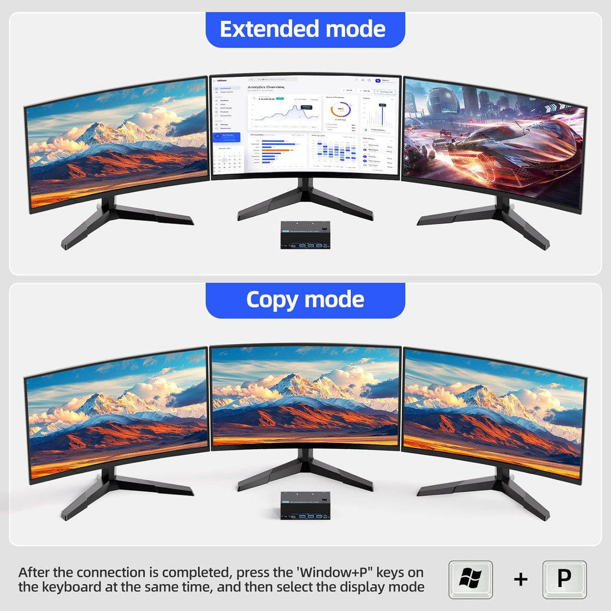 KVM Switch 3 Monitors 2 Computers 8K@60Hz/4K@120Hz, HDMI KVM Switches for 2 PC Sharing Triple Monitor and Keyboard Mouse with Power Adapter, Wired Extend Controller and USB3.0 Cables
