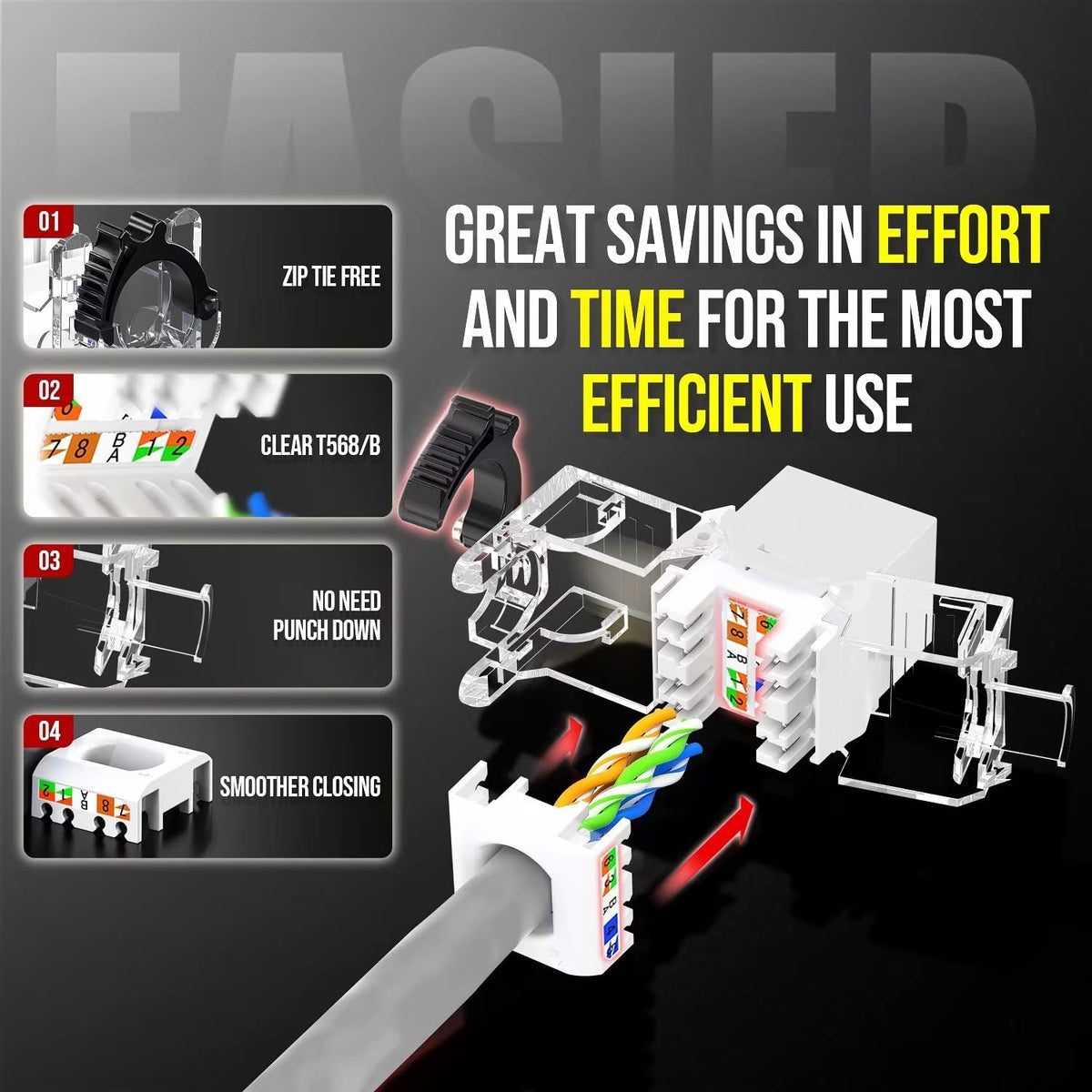 AMPCOM CAT6A UTP RJ45 Keystone Jack 50u Gold Plating Reusable Ethernet Wall Jack with Adjustable Ratchet Lock (No Tool and Zip Tie Required) - White (12-Pack)