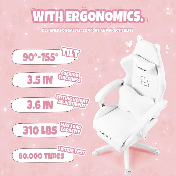 White Dog Gaming Chair - Kawaii Design for Competitive Gamers &amp Adults Ergonomic High Back with Lumbar Support 310lbs Capacity